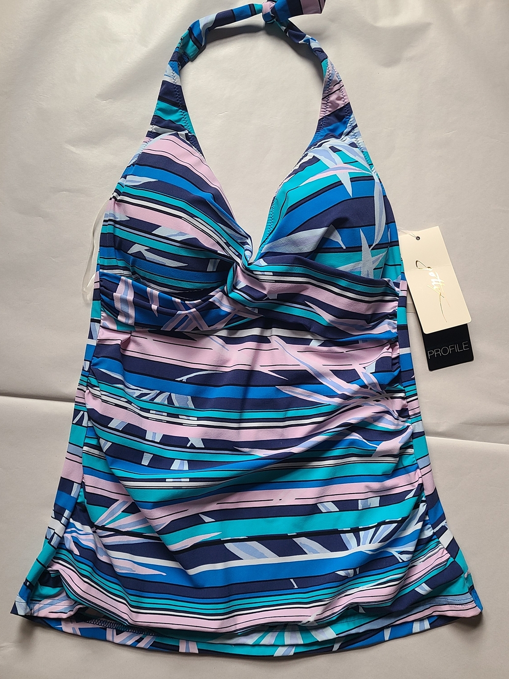 Profile By Gottex Blue, Teal & Pink Striped Halter Tankini Top